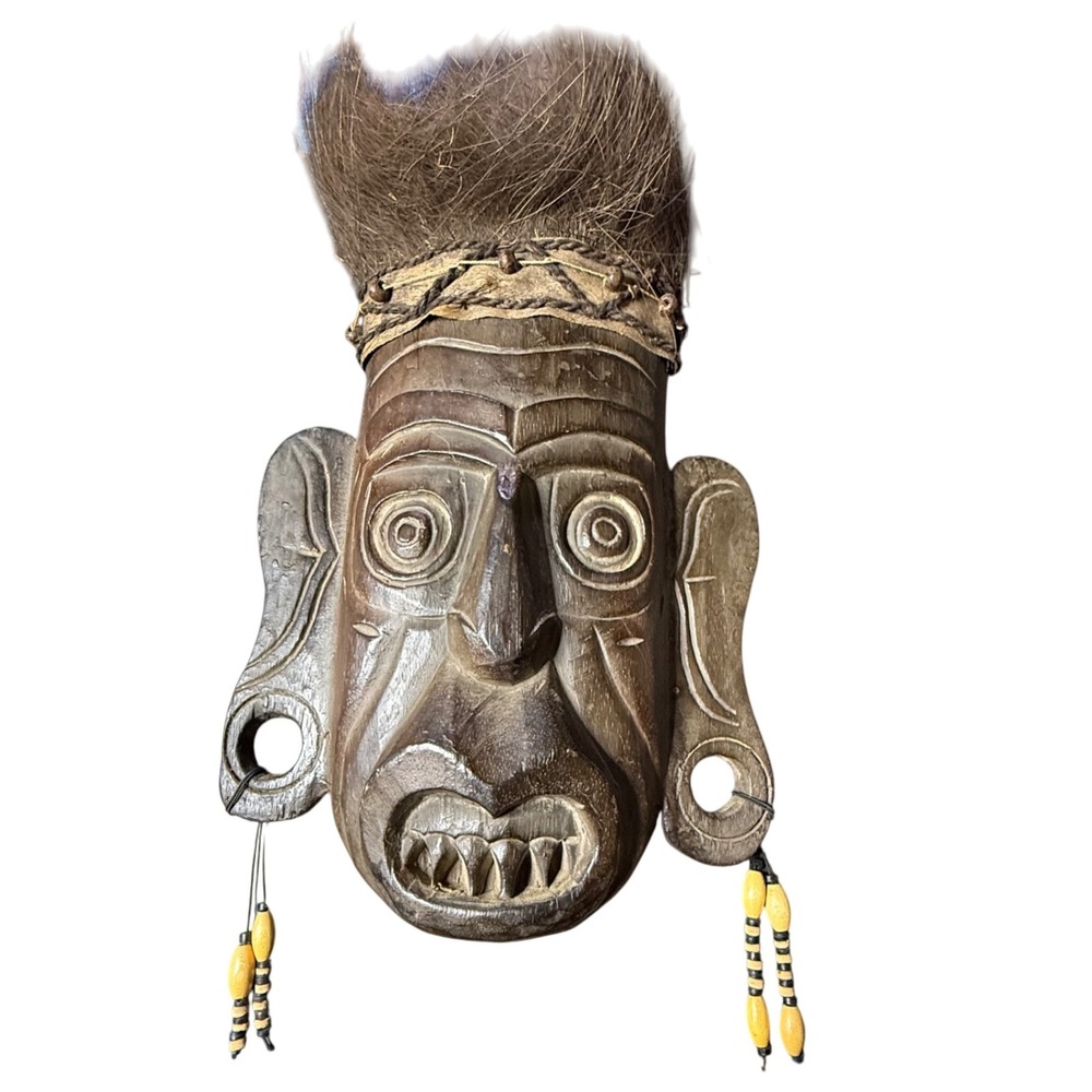 Carved Wooden Tribal Mask with Hair Accents and Yellow Bead Dangles